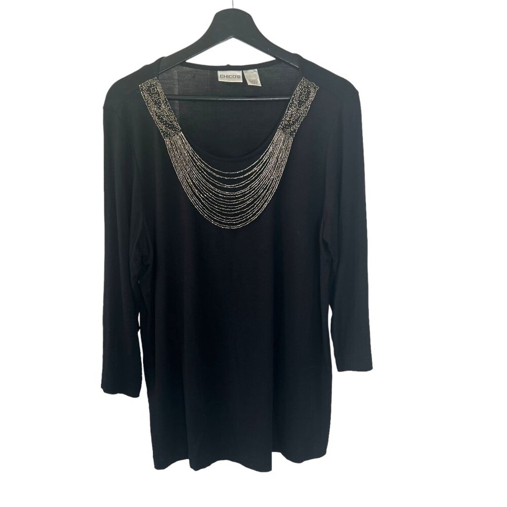 Chicos Black Long Sleeve Beaded Necklace Top Medium